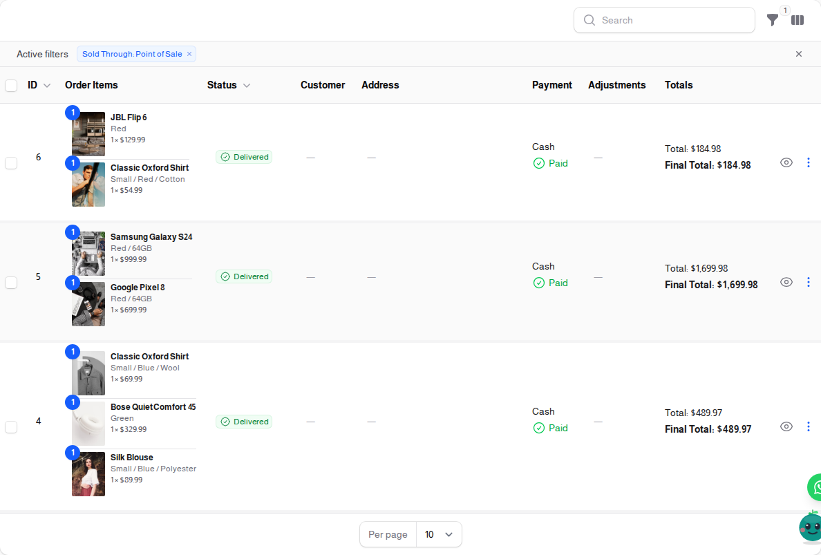 The orders list filtered to counter sales, each paid in cash and delivered