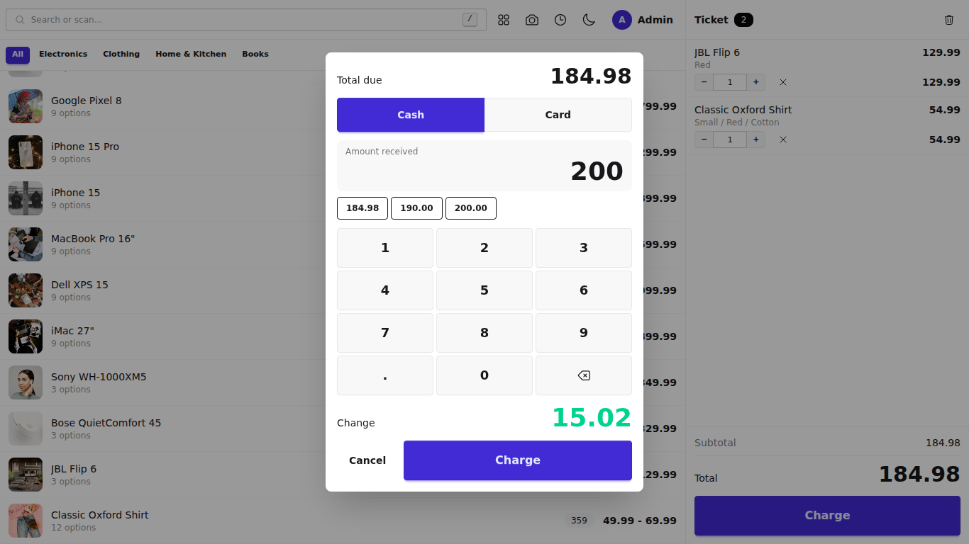 The payment screen with cash and card tabs, quick amounts, keypad, and change