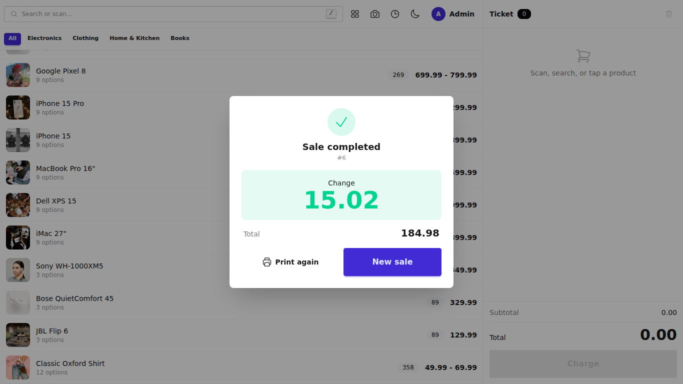 The sale completed, with the change owed shown large