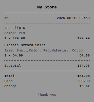 An 80 mm receipt with the store name, the lines sold, the total, and the change