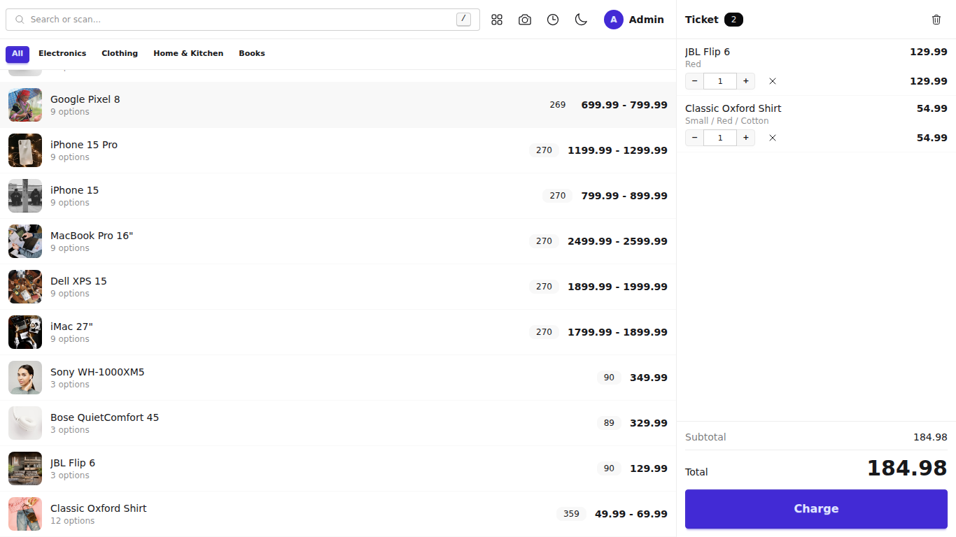 The selling screen with a two line ticket, product photos, and the total