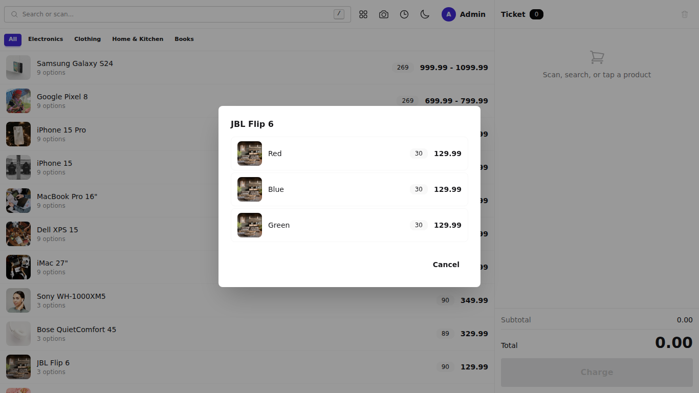 Choosing an option, with each one showing its own photo, stock, and price