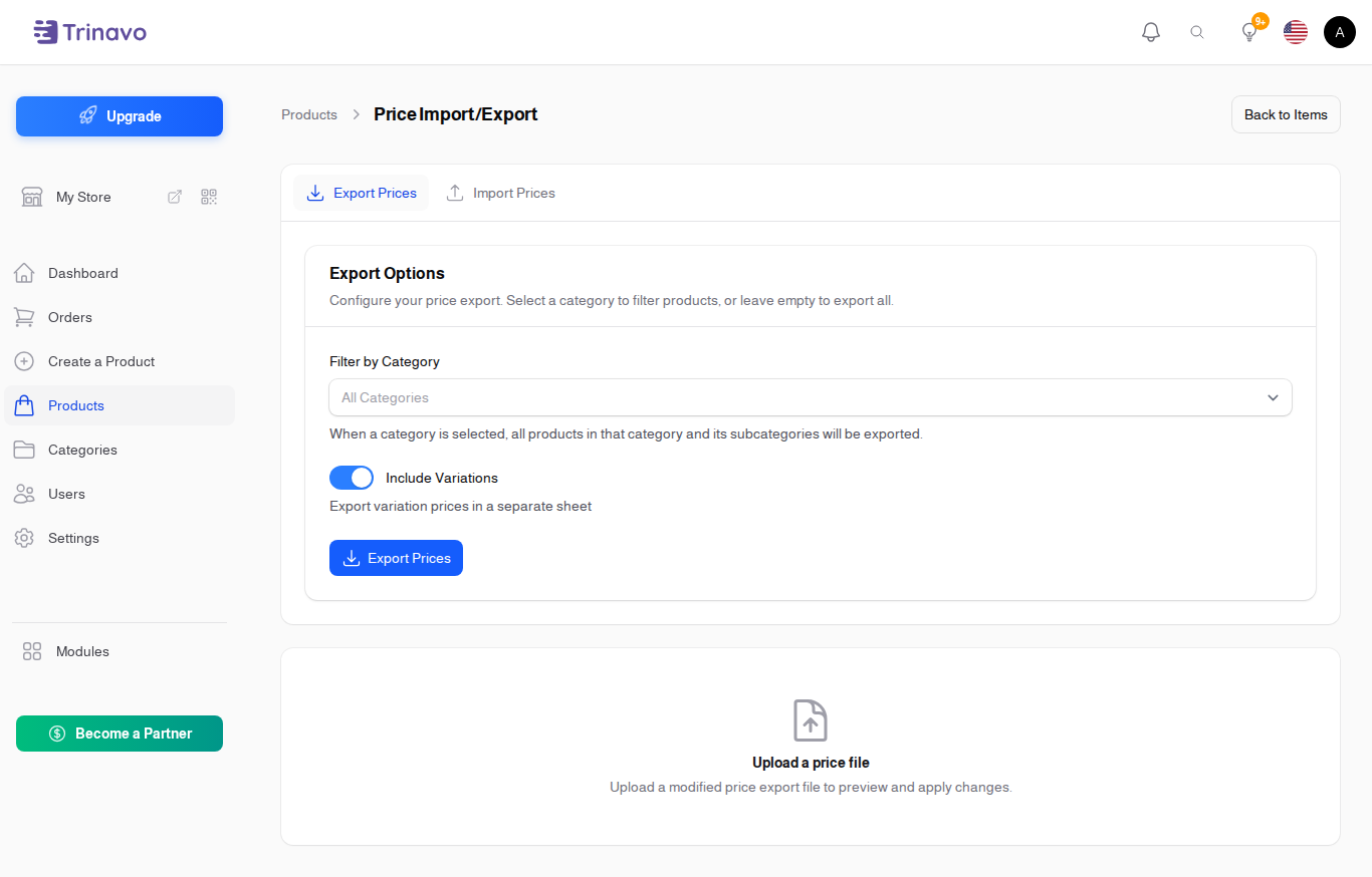 The Price Import/Export page showing the Export and Import tabs