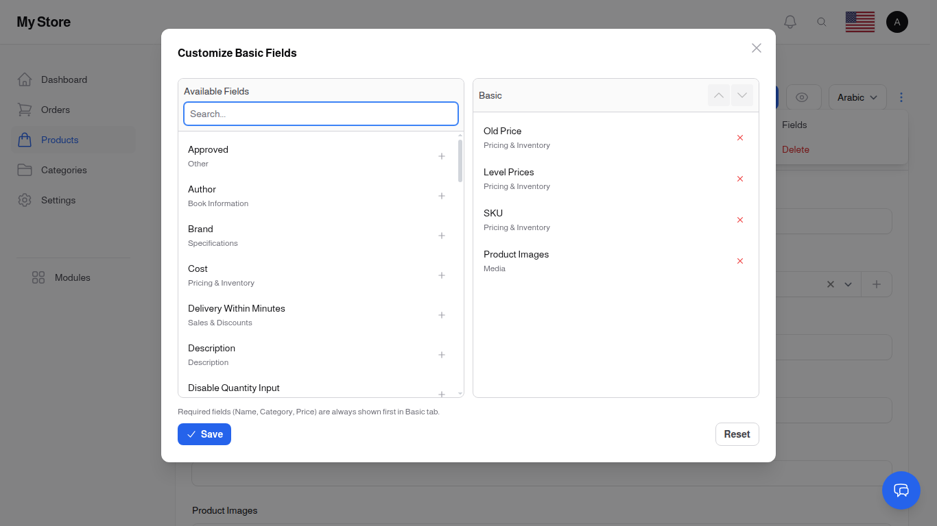 Customize Fields Modal