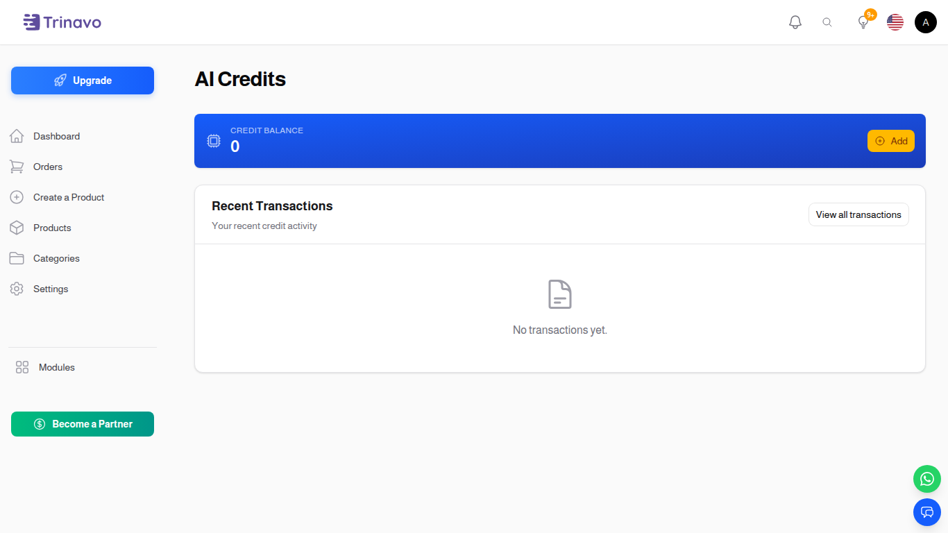 AI Credits page showing current balance, dollar value, and the Buy credits button