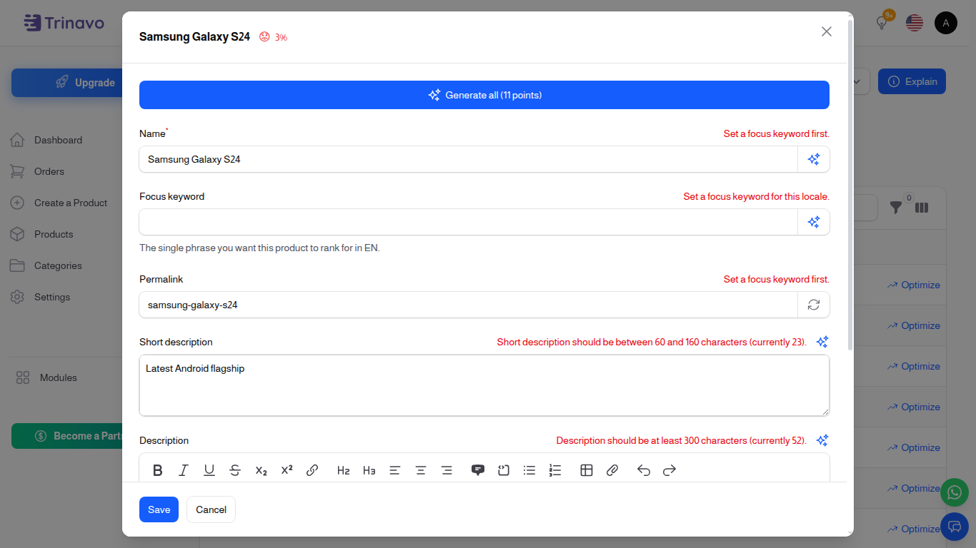 Optimize modal — progress chip in the header, fields visible, inline hints under each field that fails a rule