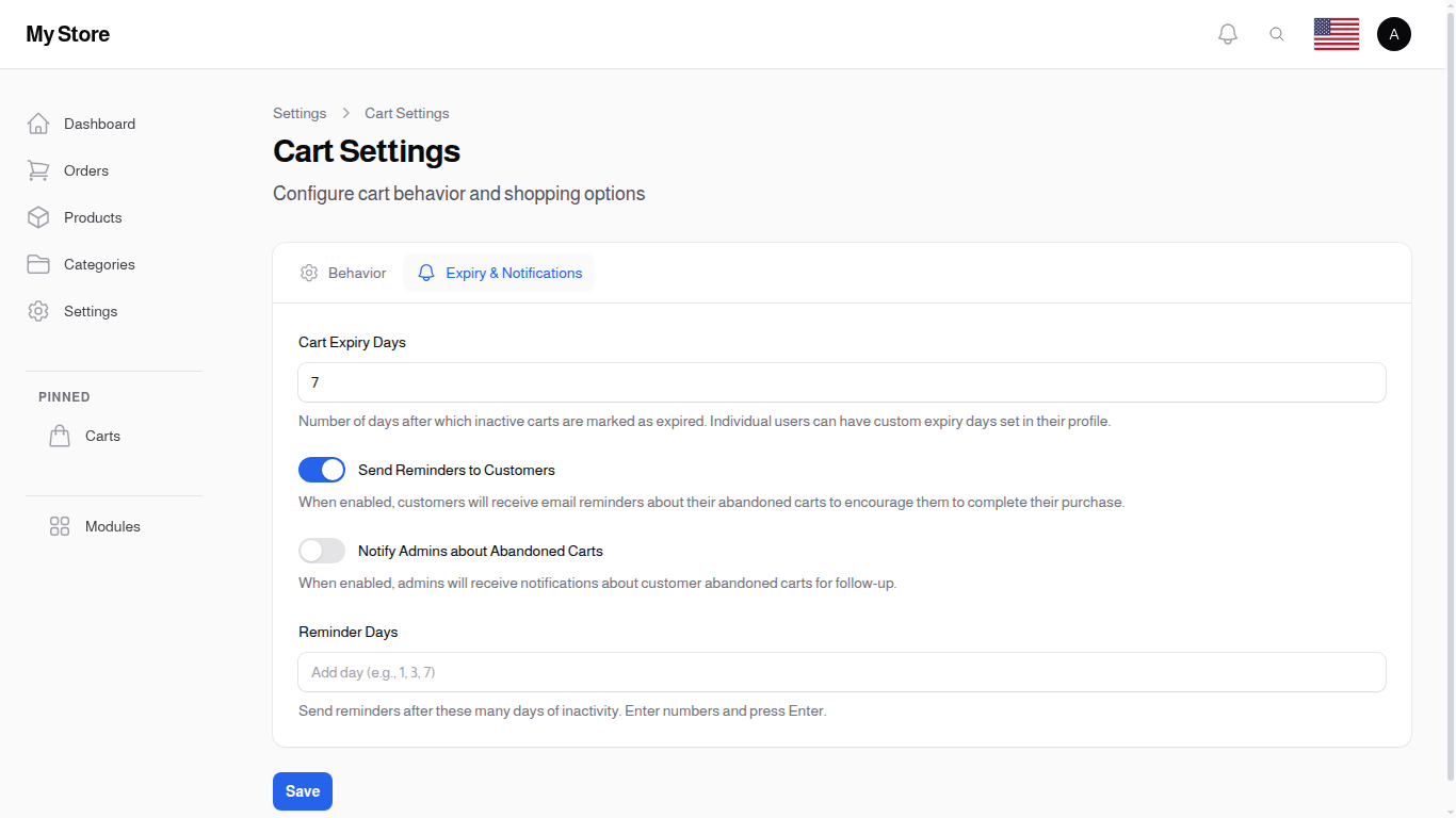 Cart Settings - Expiry & Notifications Tab