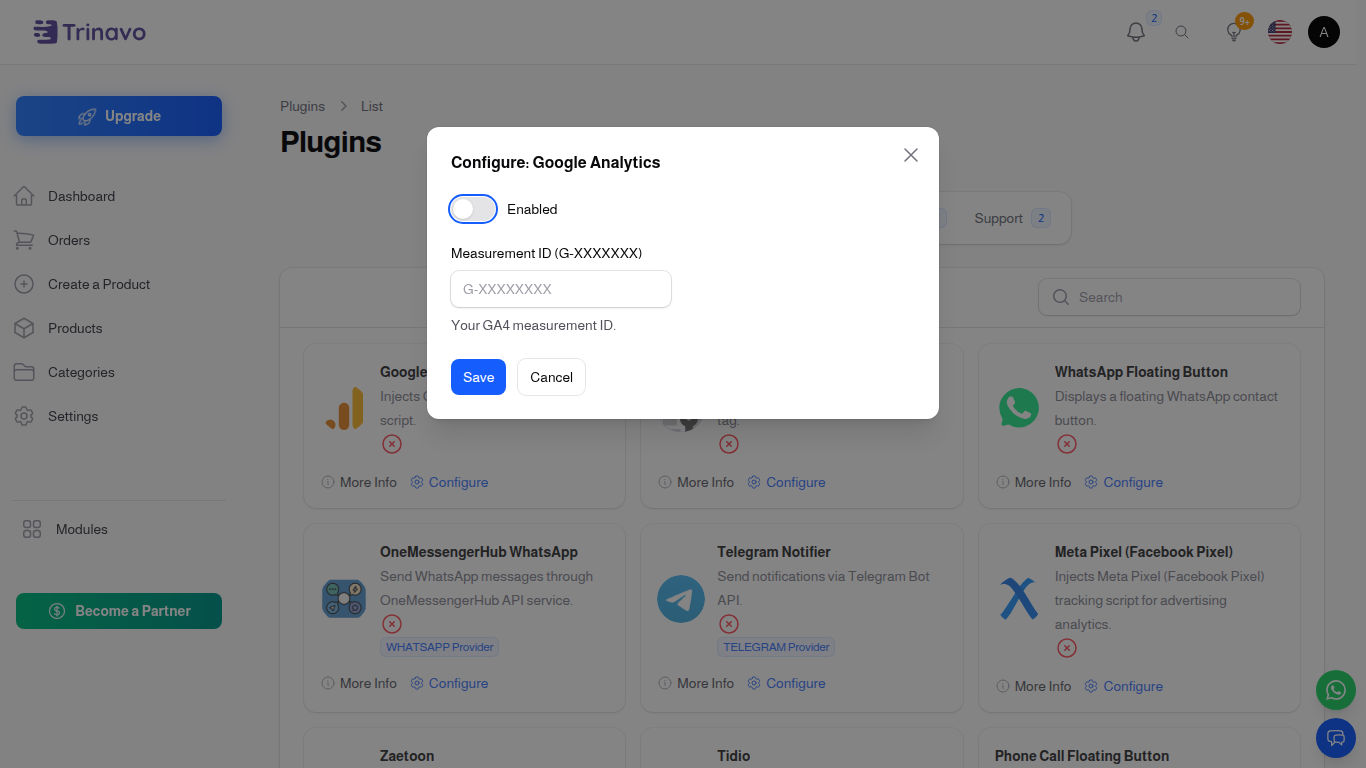 Plugin configuration drawer — enable toggle and the plugin's per-instance fields