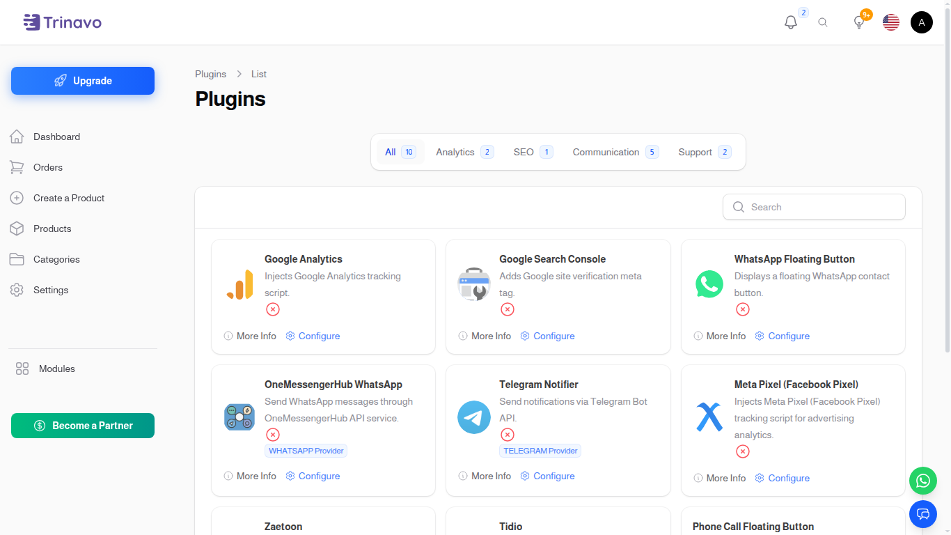 Shop Plugins — installed-plugin grid with enable/disable toggles per card