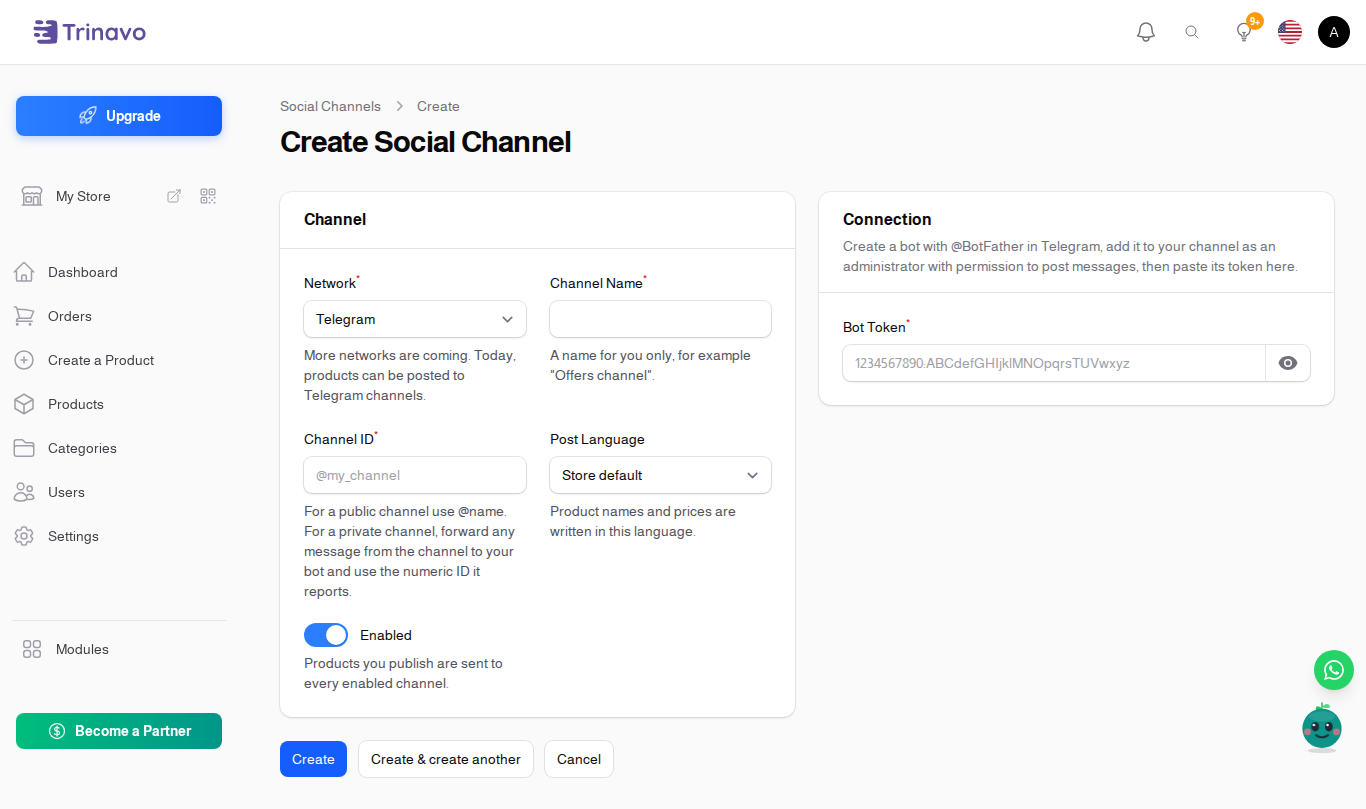 The channel form with the network, the channel ID, and the bot token