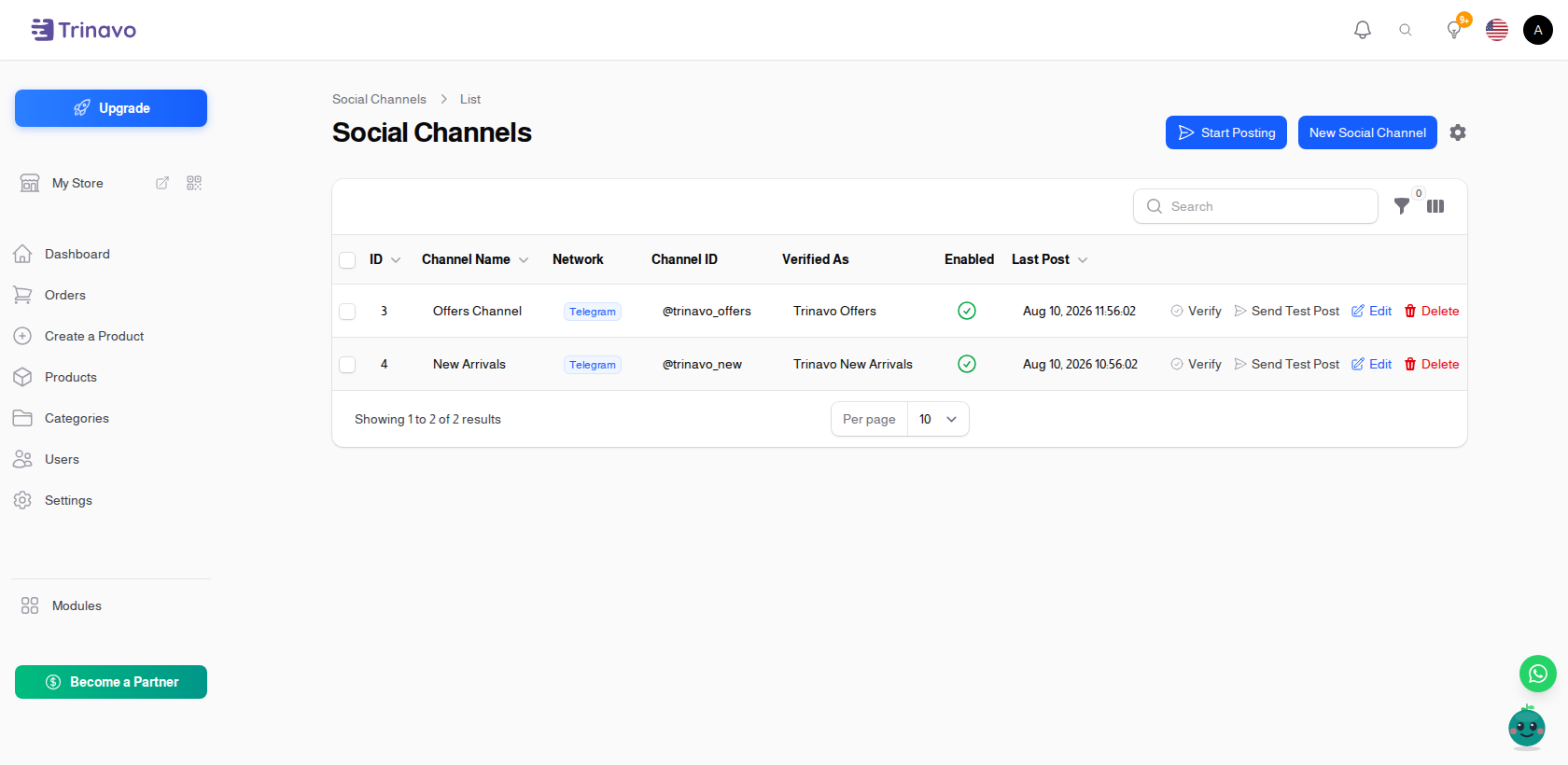 The channel list with the Verify and Send Test Post actions
