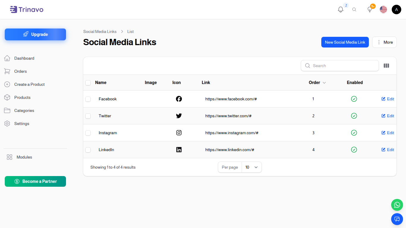 Social Links — compact overview as it renders on the storefront footer