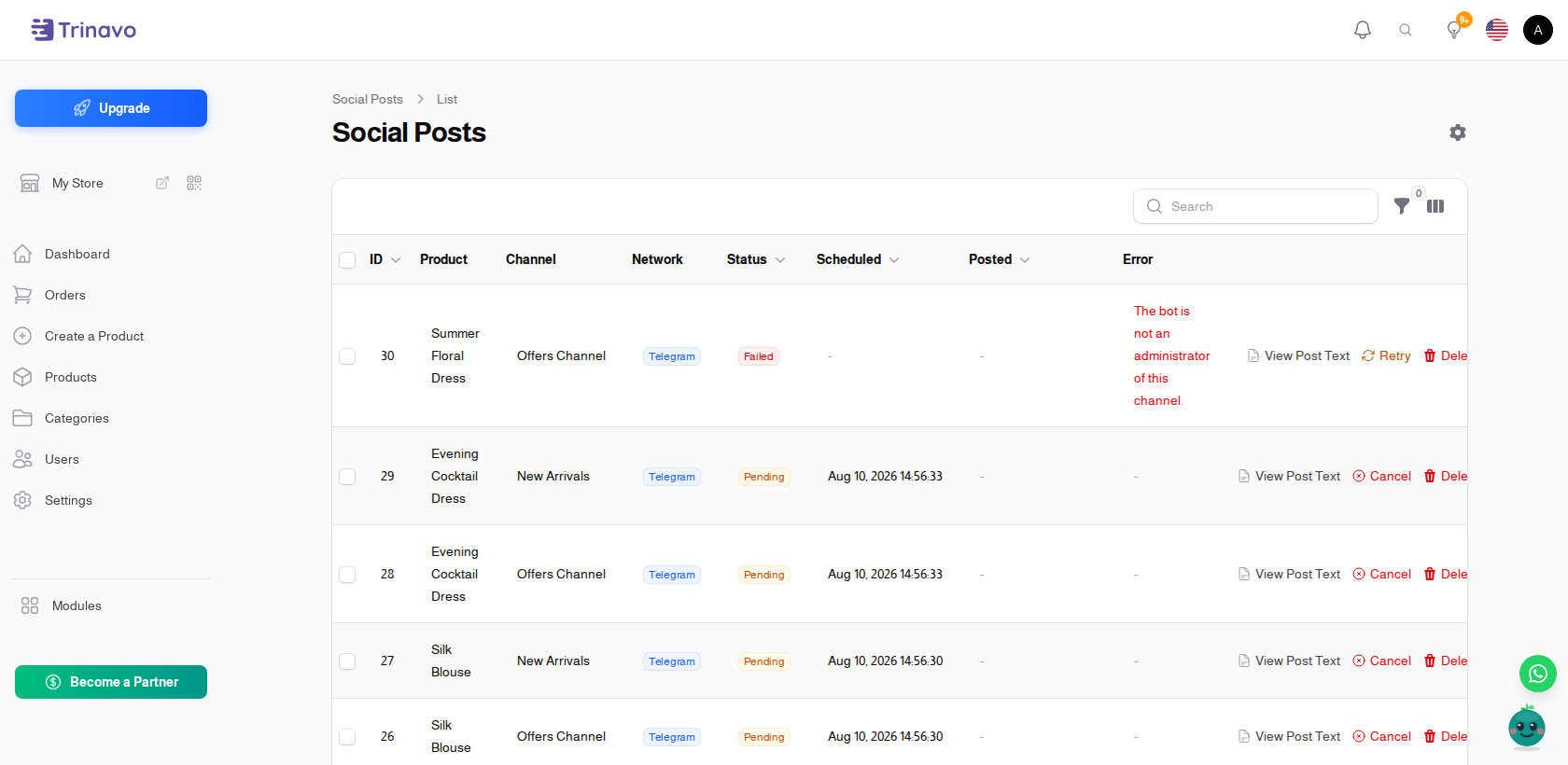 The delivery log with sent, pending, and failed posts
