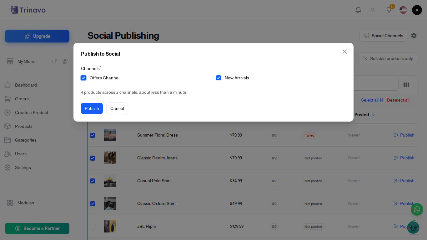 The bulk publish window with the channels and the estimate