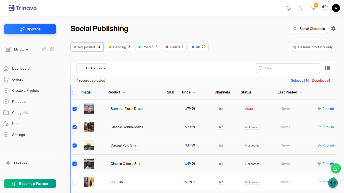 Several products selected, ready to publish together