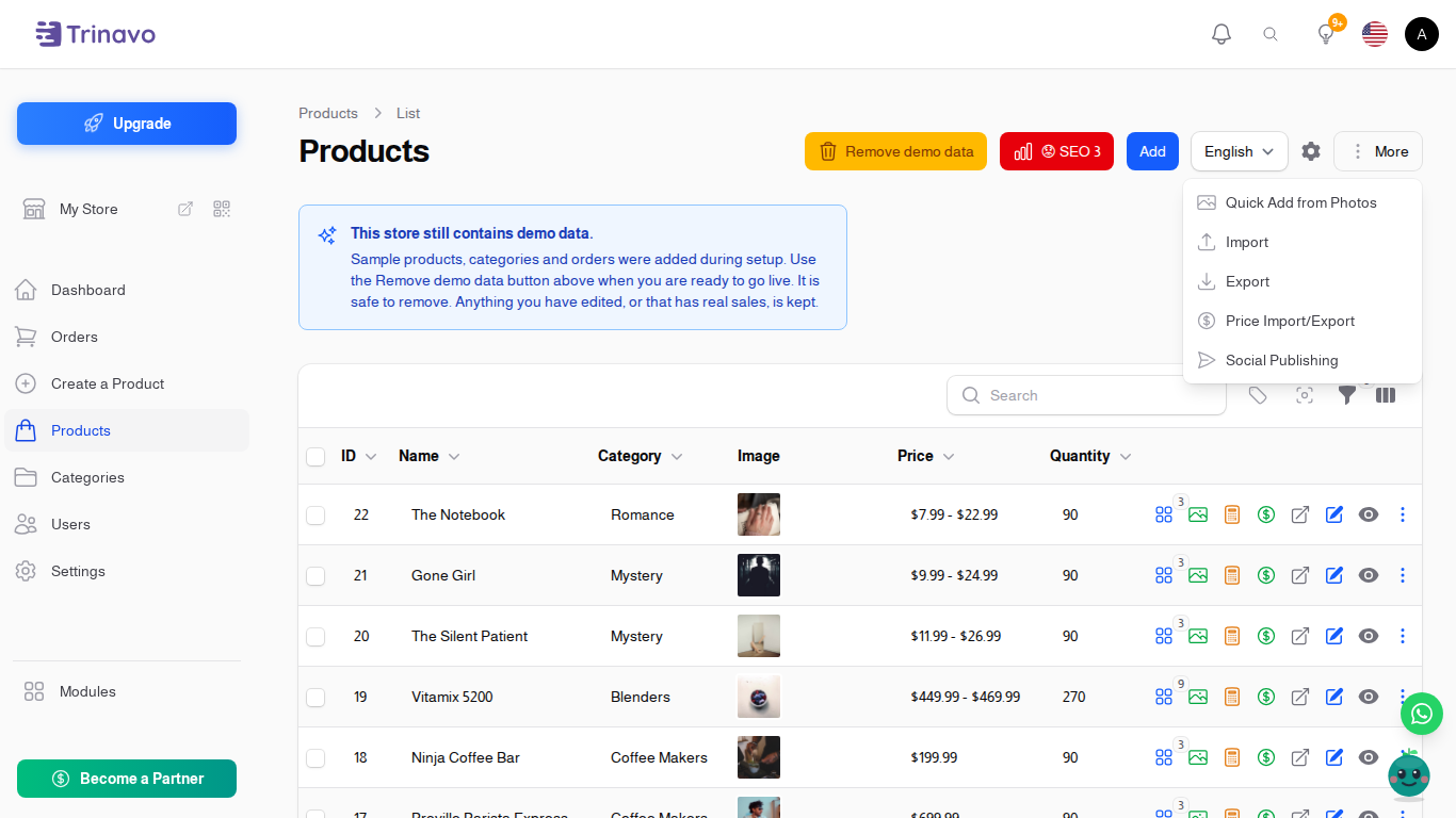 Social Publishing in the products menu