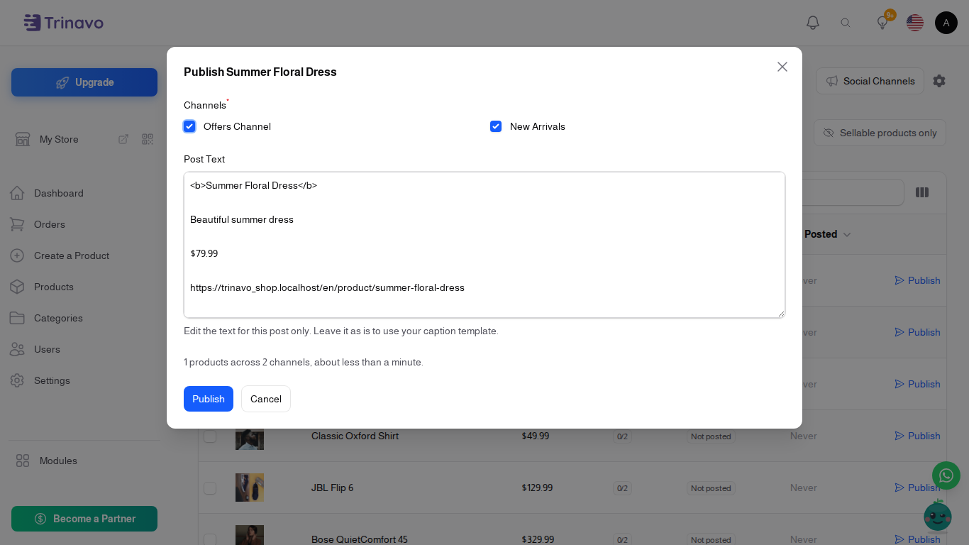 The publish window with the channel list, the post text, and the estimate
