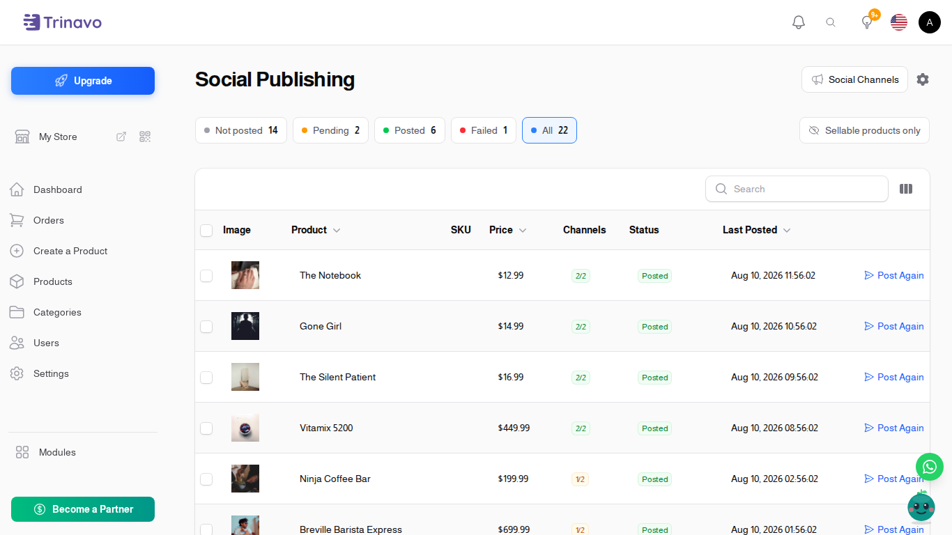 The Social Publishing screen with the status filters and the product list