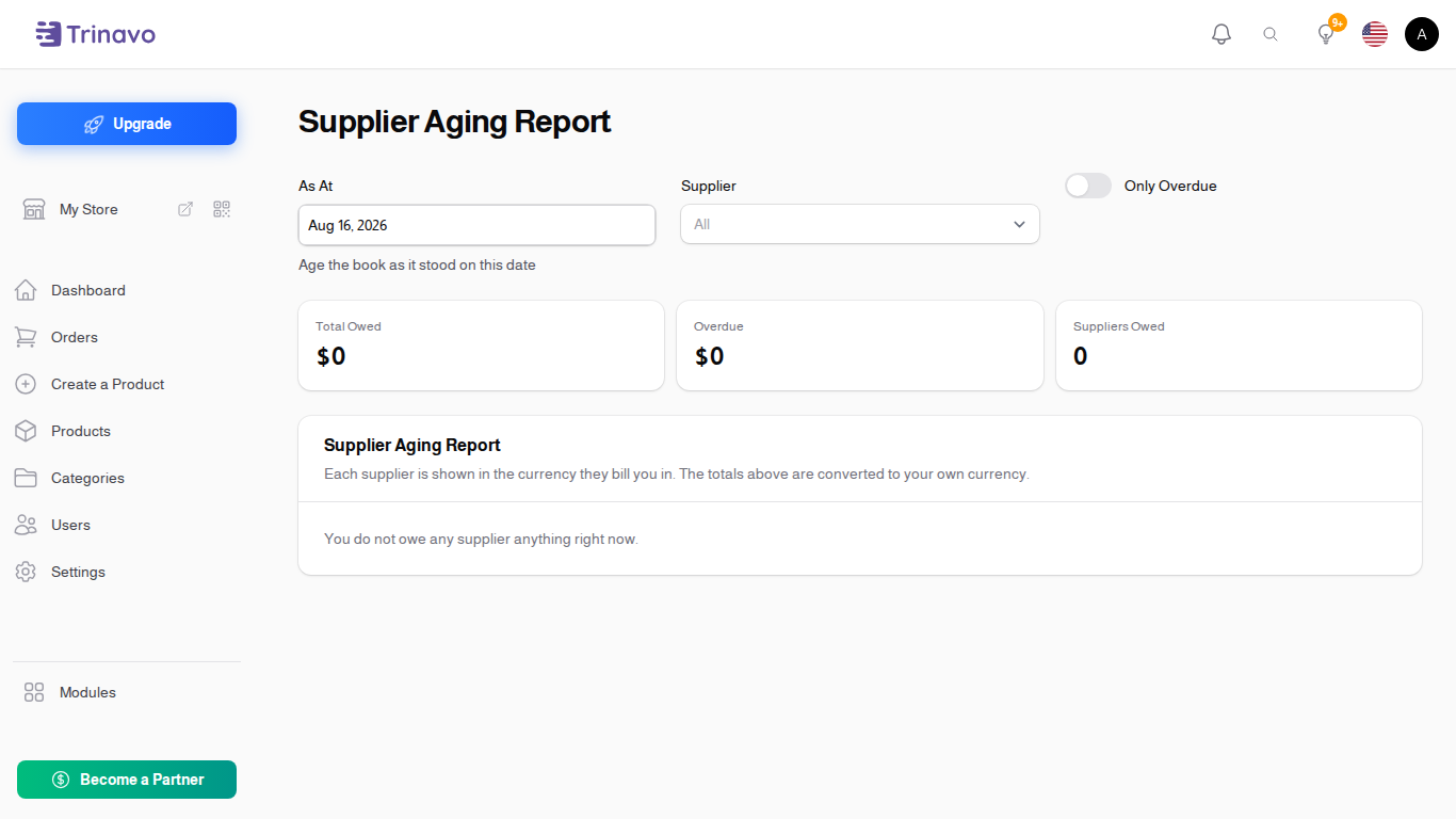 The Supplier Aging report, grouped into age buckets