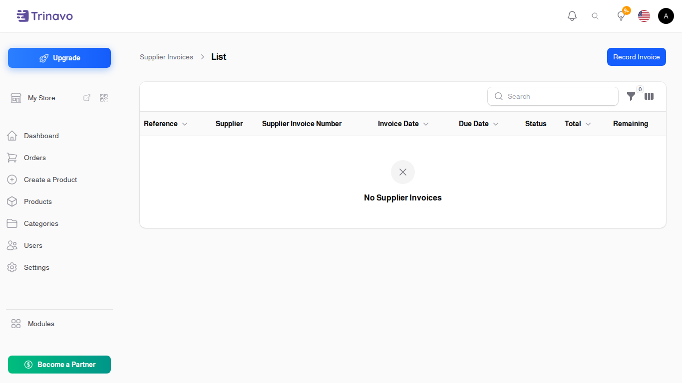 The Supplier Invoices list, showing total, paid and remaining
