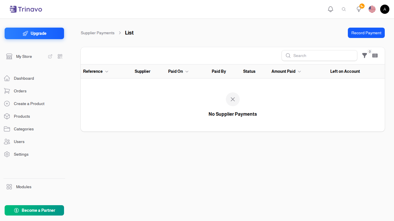 The Supplier Payments list, showing what is left on account
