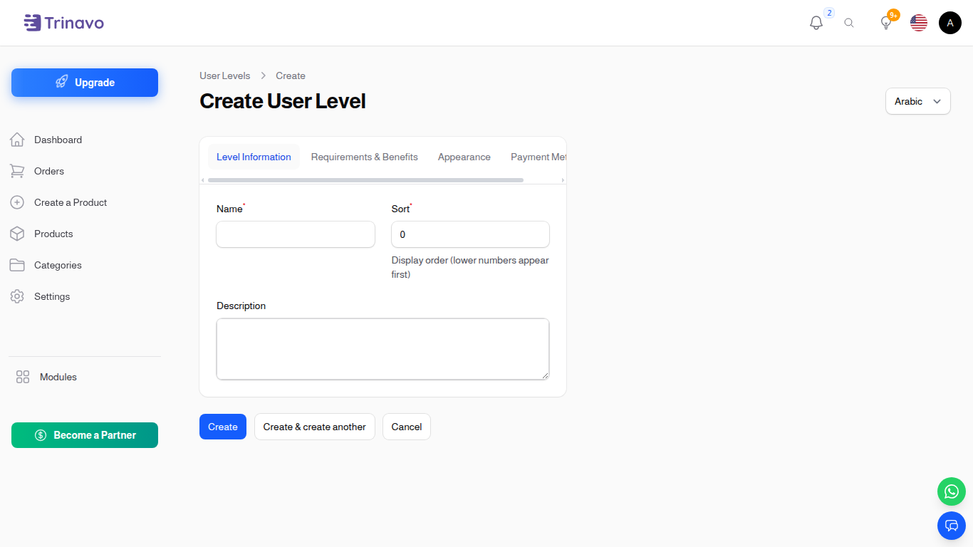 User Level — full create form with all sections in context