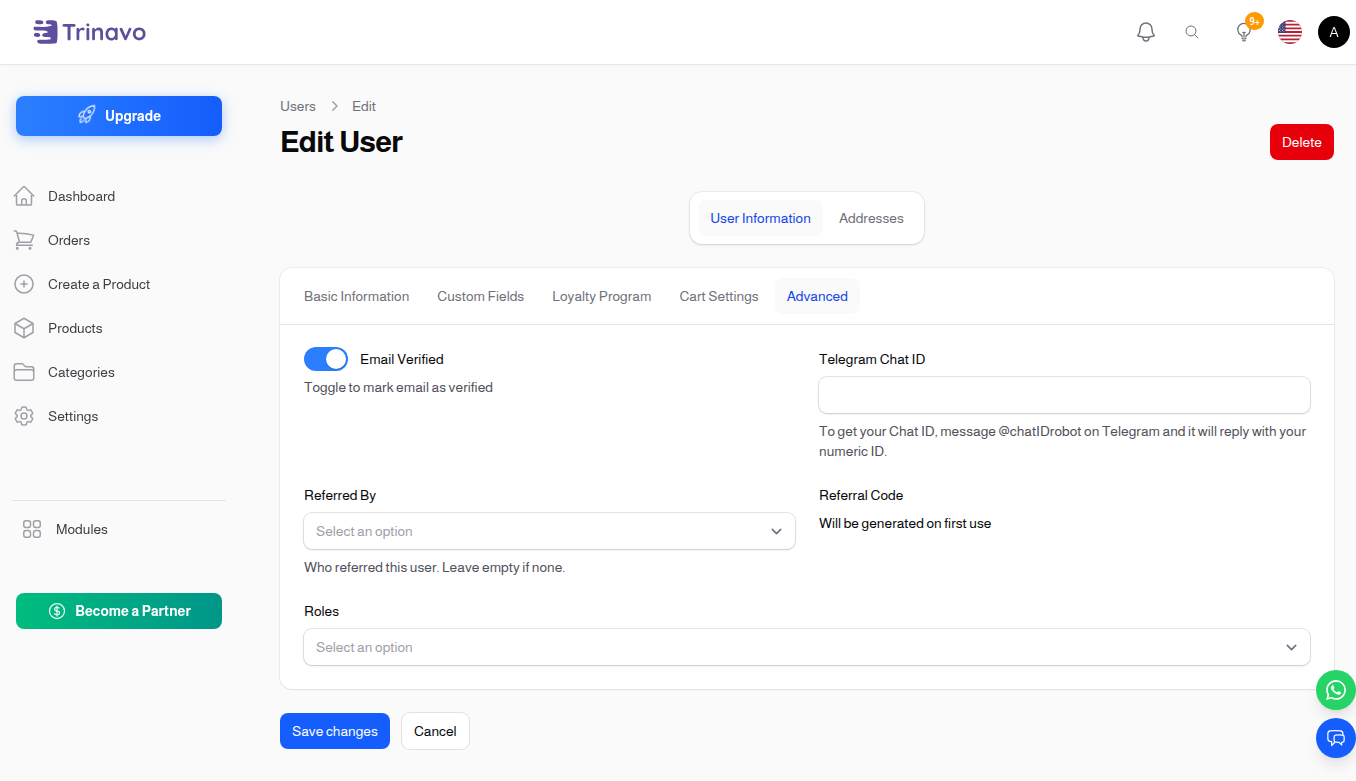 Edit User — Advanced tab with email-verified, Telegram chat ID, and roles