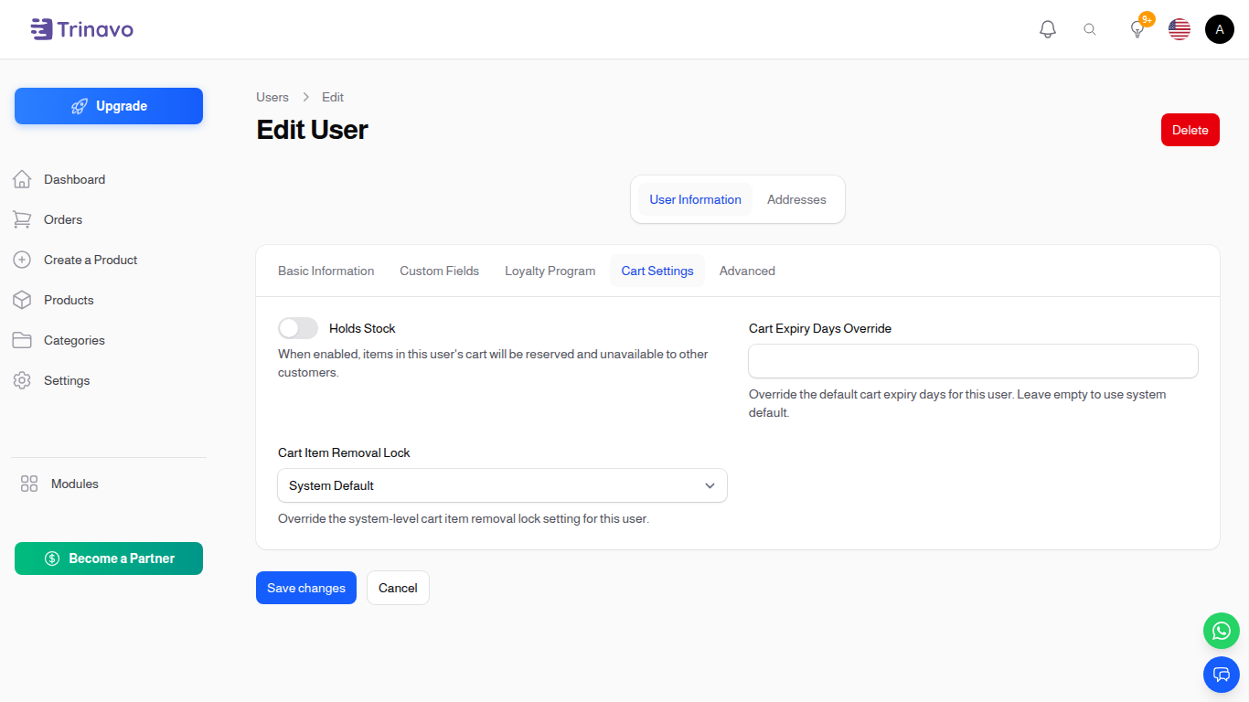 Edit User — Cart Settings tab with stock-holding and expiry override toggles