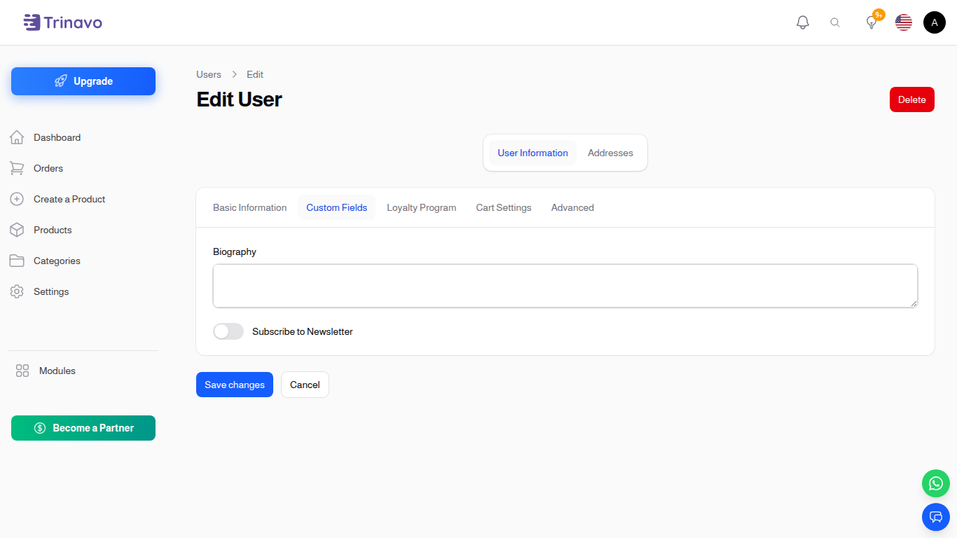 Edit User — Custom Fields tab populated with the user's saved values