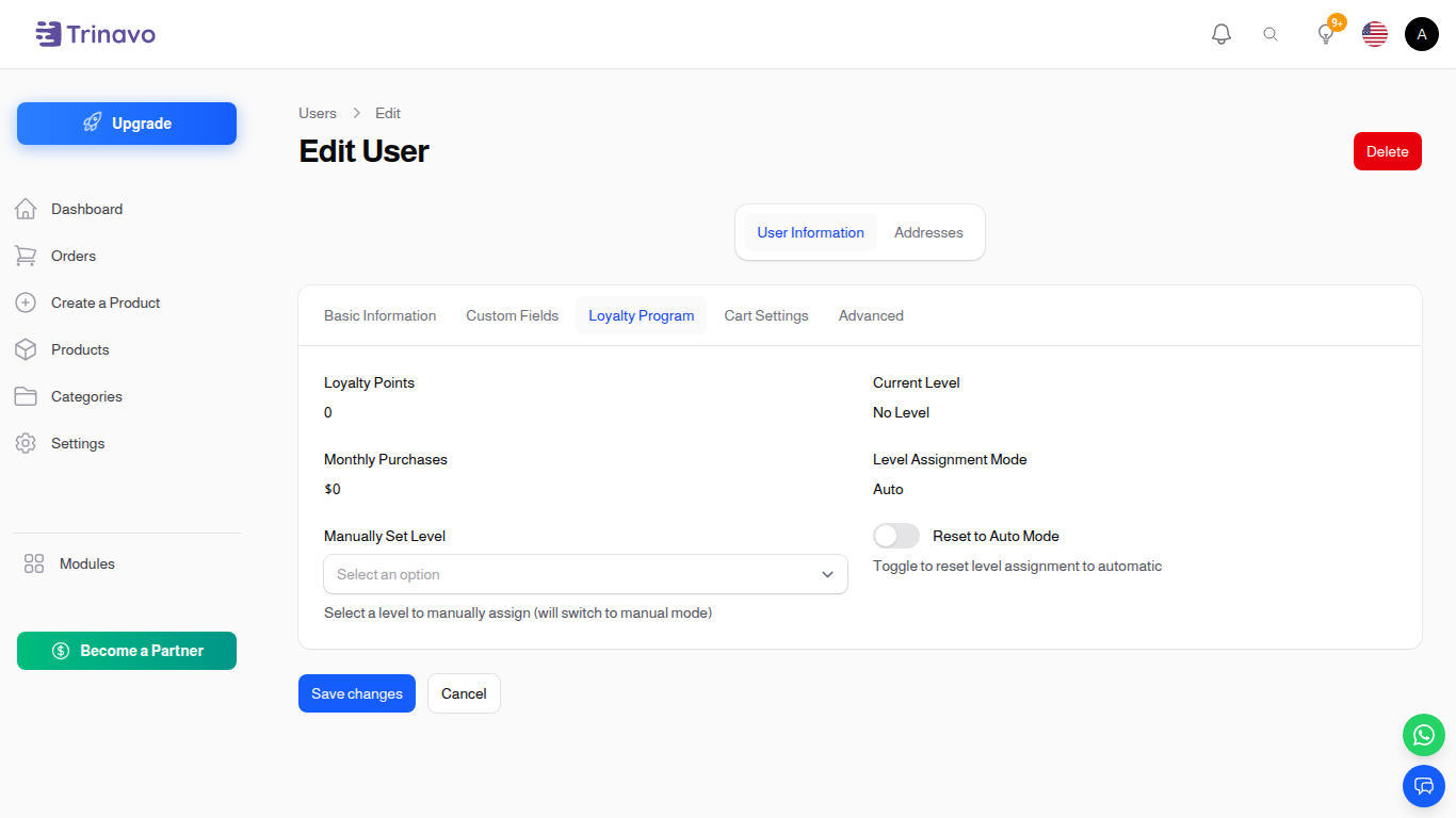 Edit User — Loyalty tab showing current points balance and level