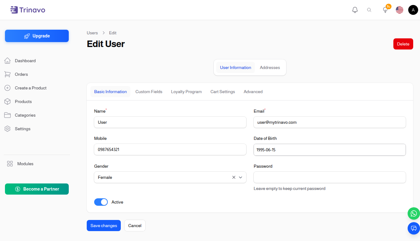 Edit User — User Info tab with the user's current basic profile