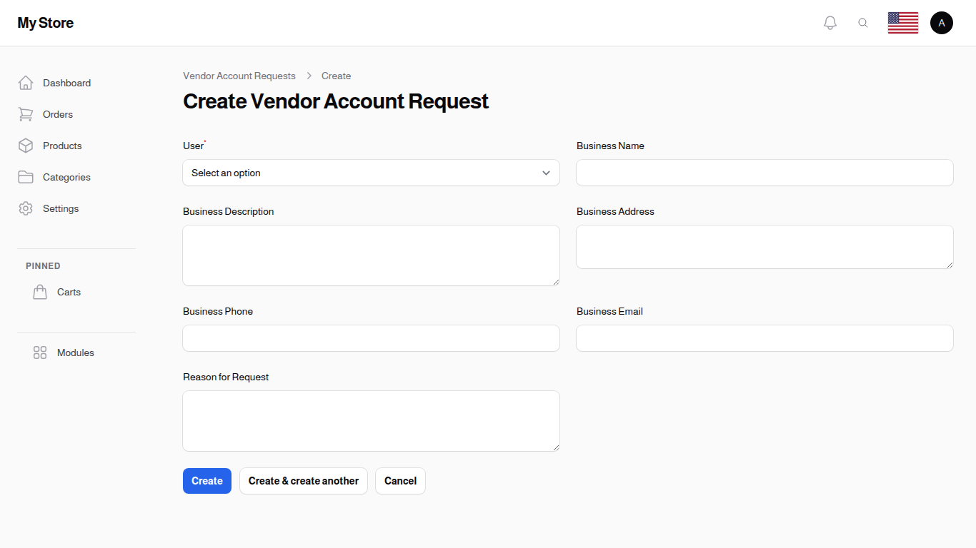 New vendor request — staff-initiated form to create a vendor application on behalf of a customer