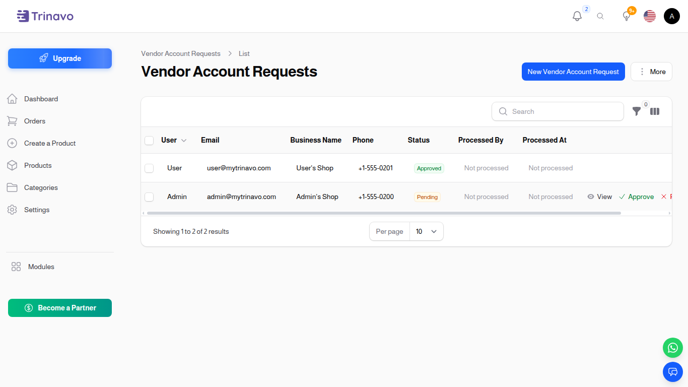 Vendor Requests list — alternate filter showing pending applications only