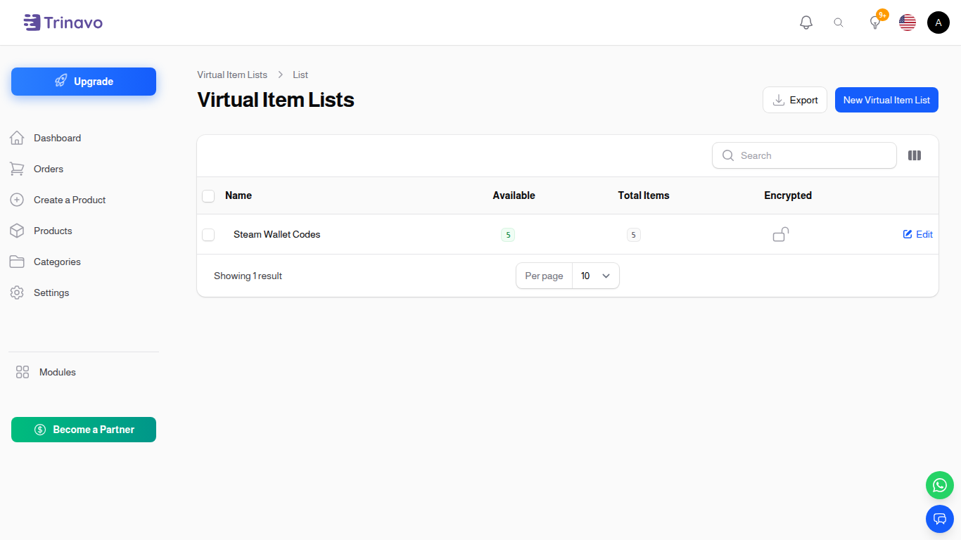Virtual Item Lists overview — compact view of available lists with item counts