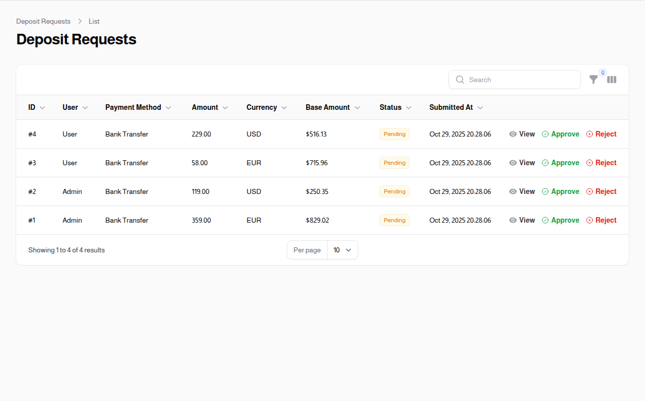 Deposit Request Currency Selection