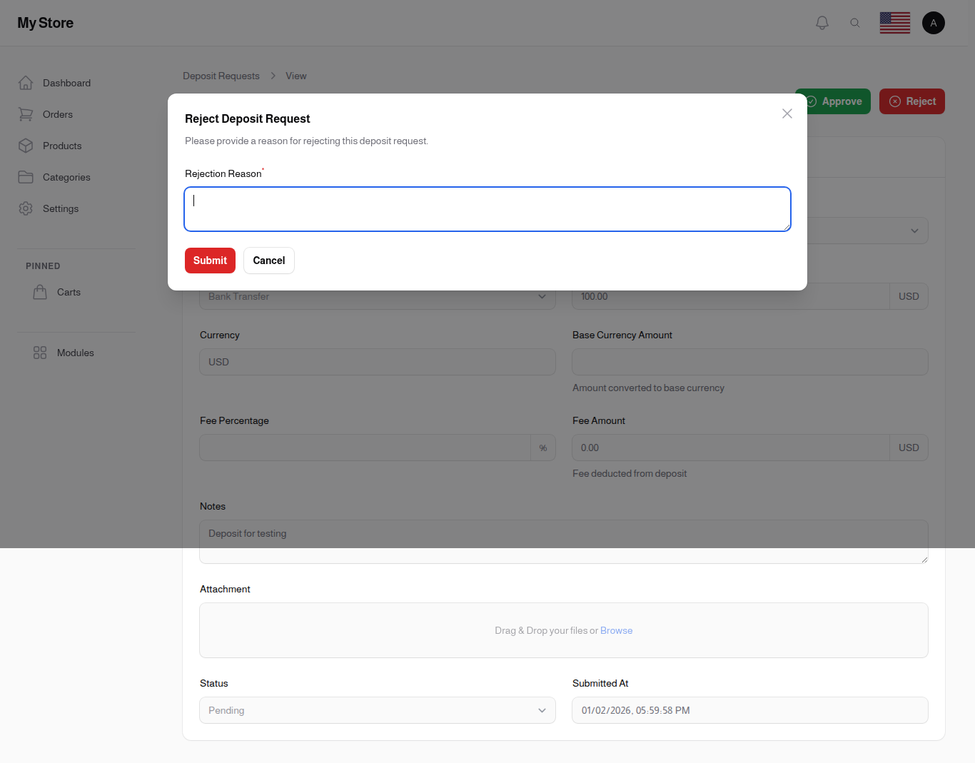 Reject Deposit Request