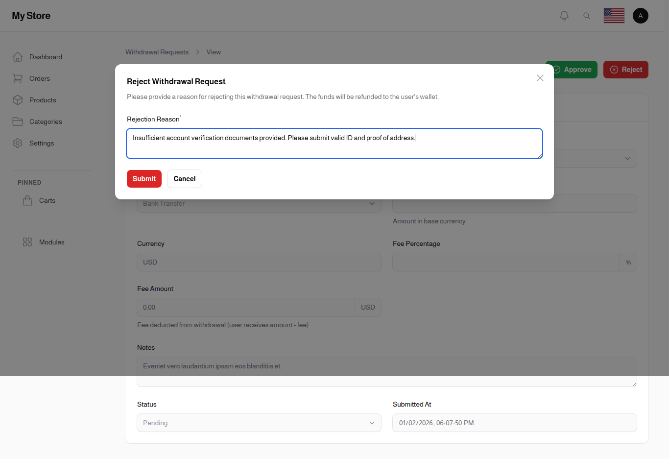 Reject Withdrawal Request
