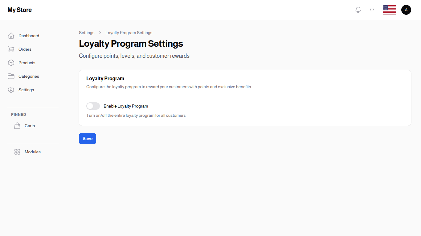 Loyalty Settings — view when the program is disabled (most fields hidden)