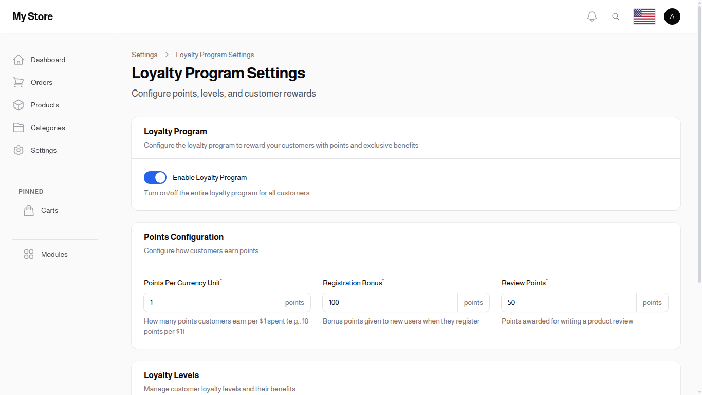 Loyalty Settings — alternate view with the program enabled