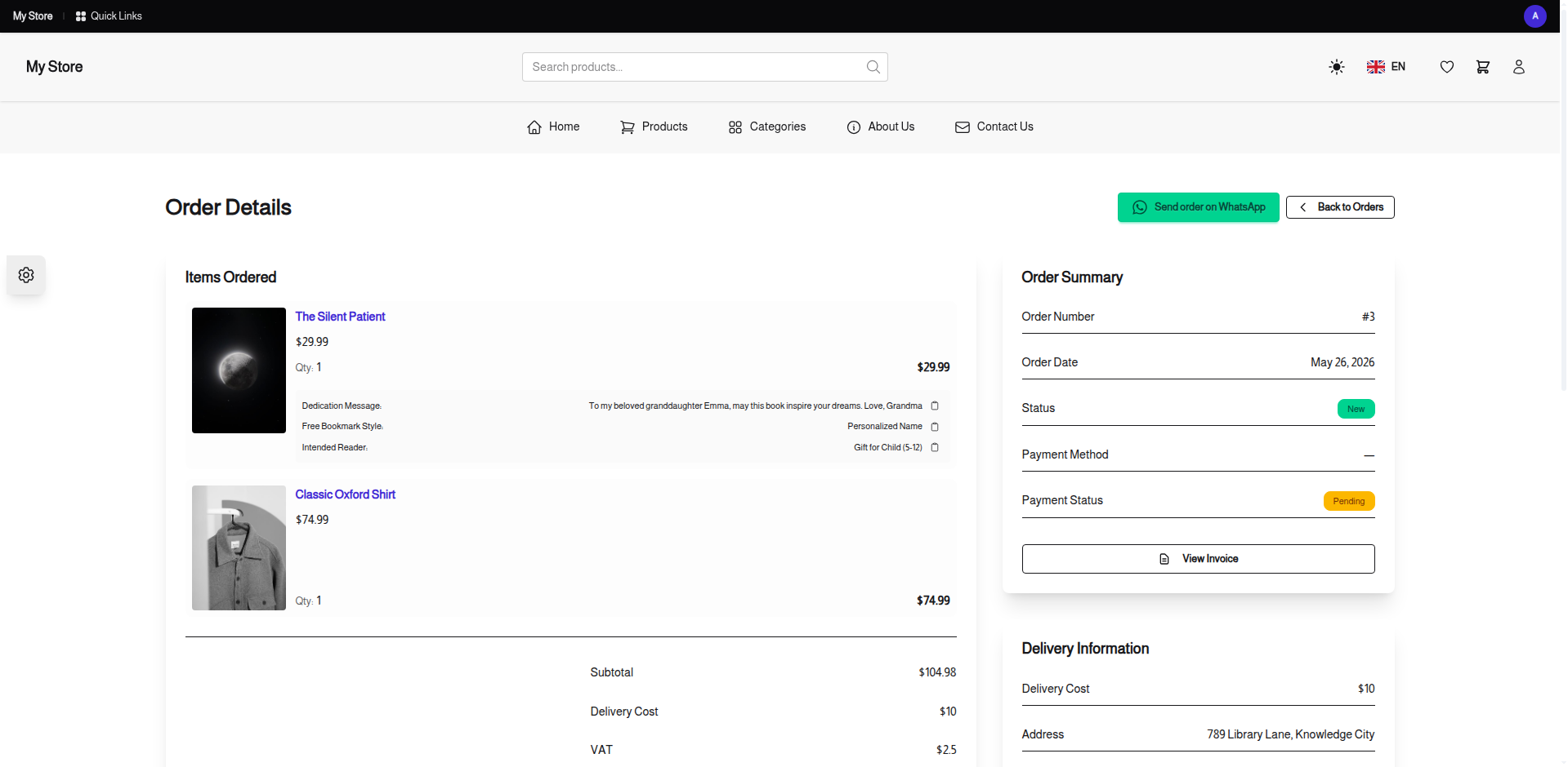 Send order on WhatsApp button on the order page