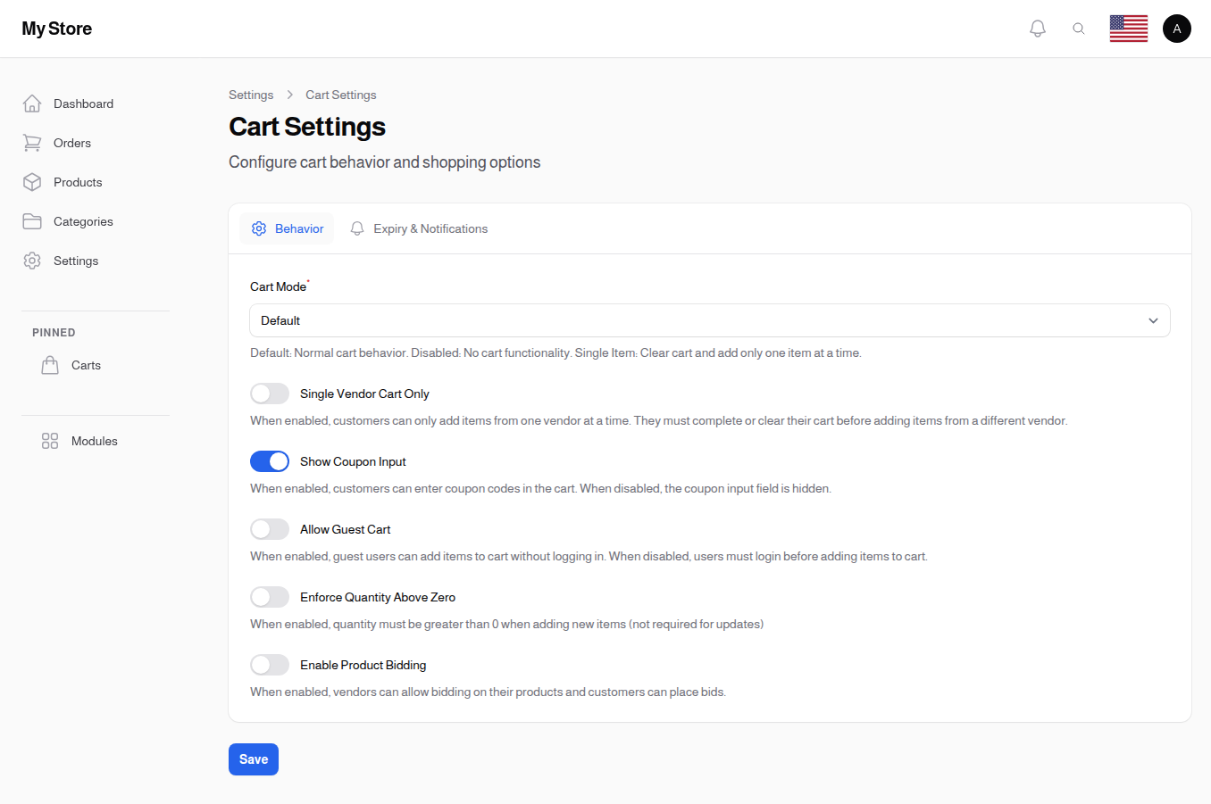 Cart Settings - Behavior Tab