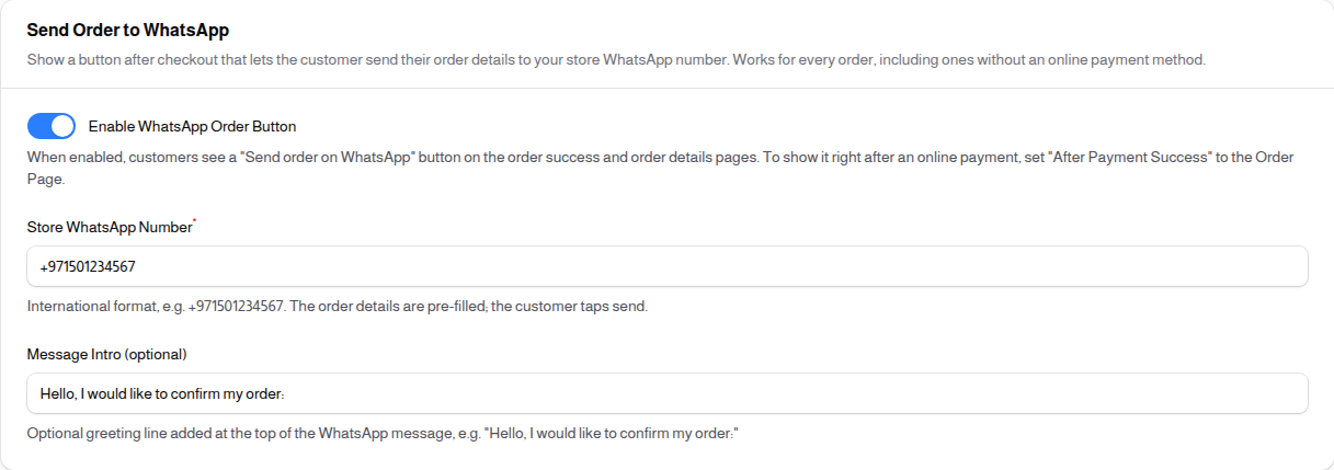 Send Order to WhatsApp settings