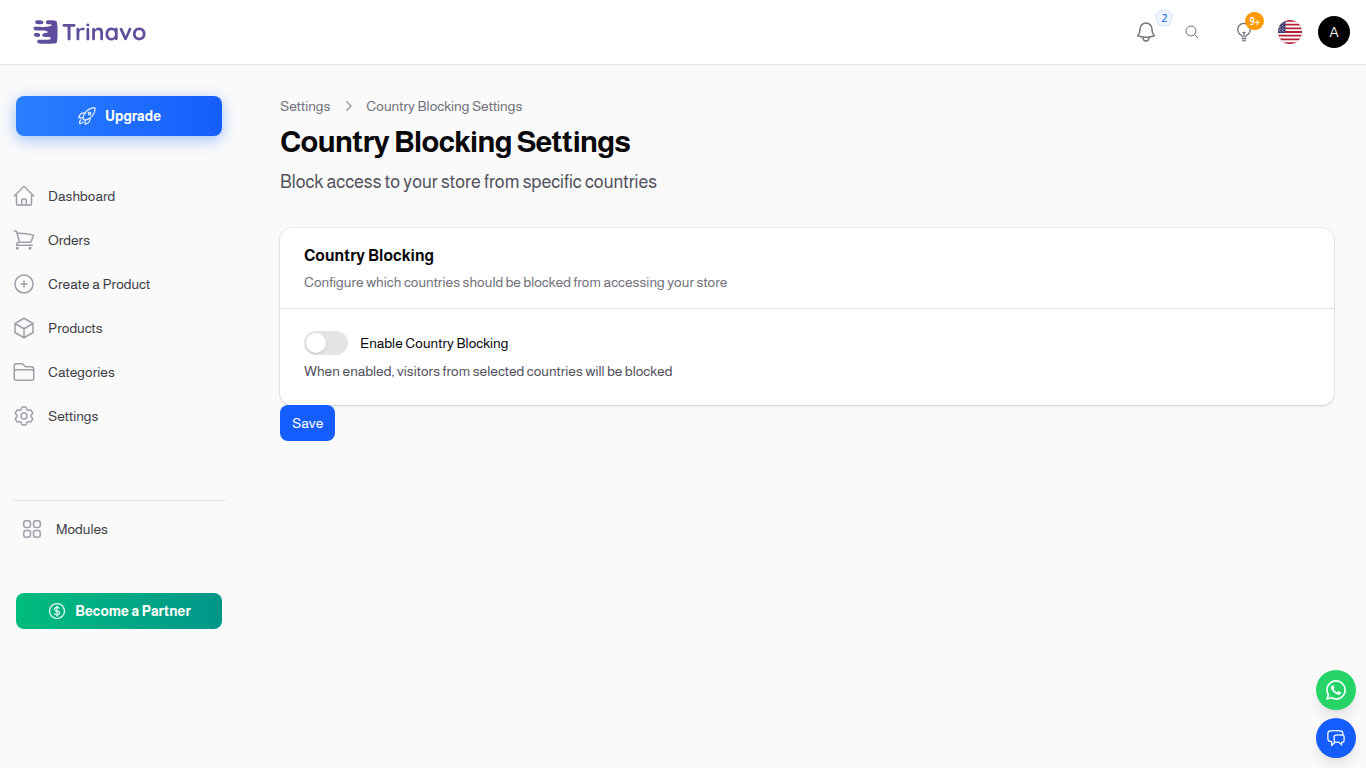 Country Block Settings page