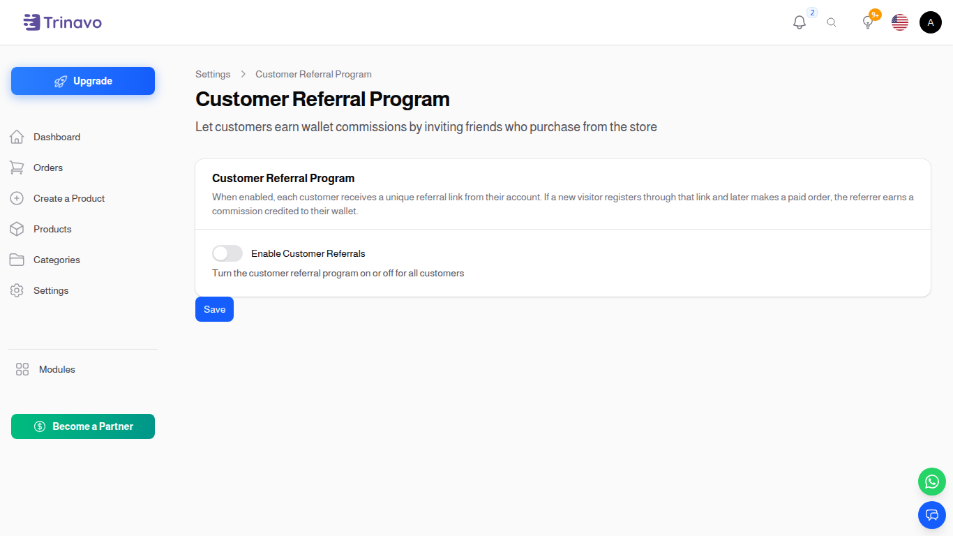 Customer Referral Settings page