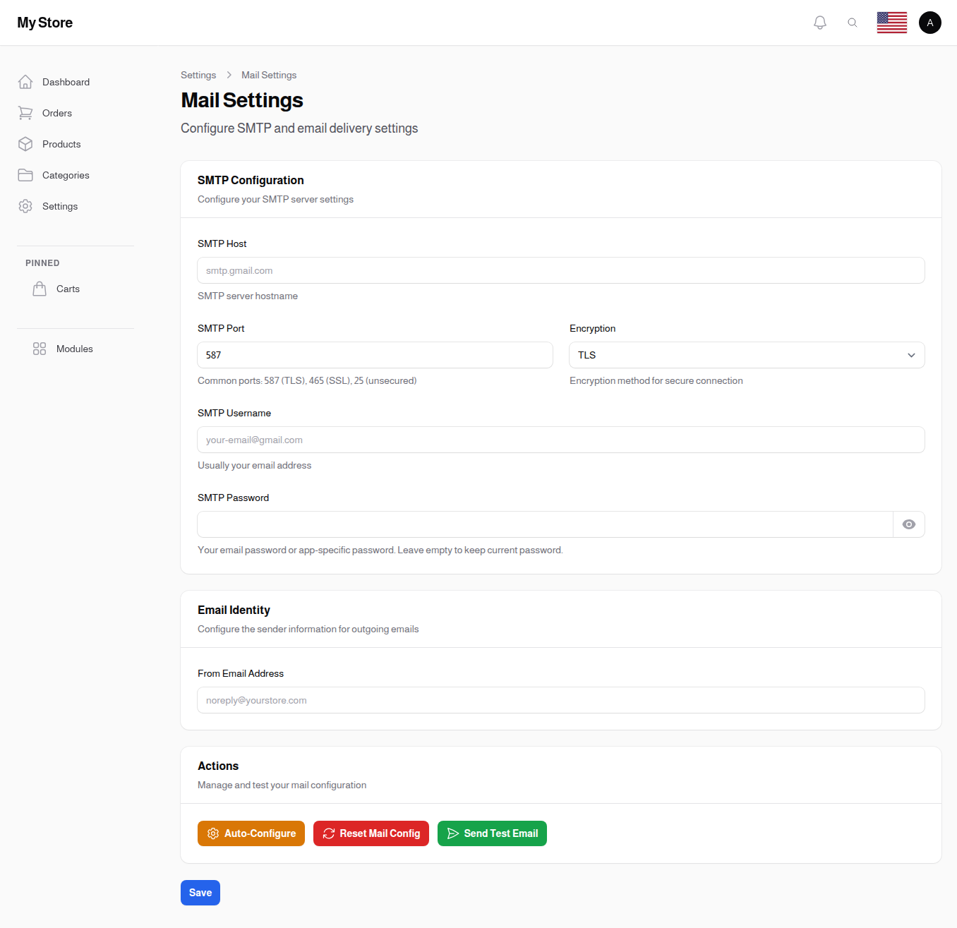Mail Settings Actions