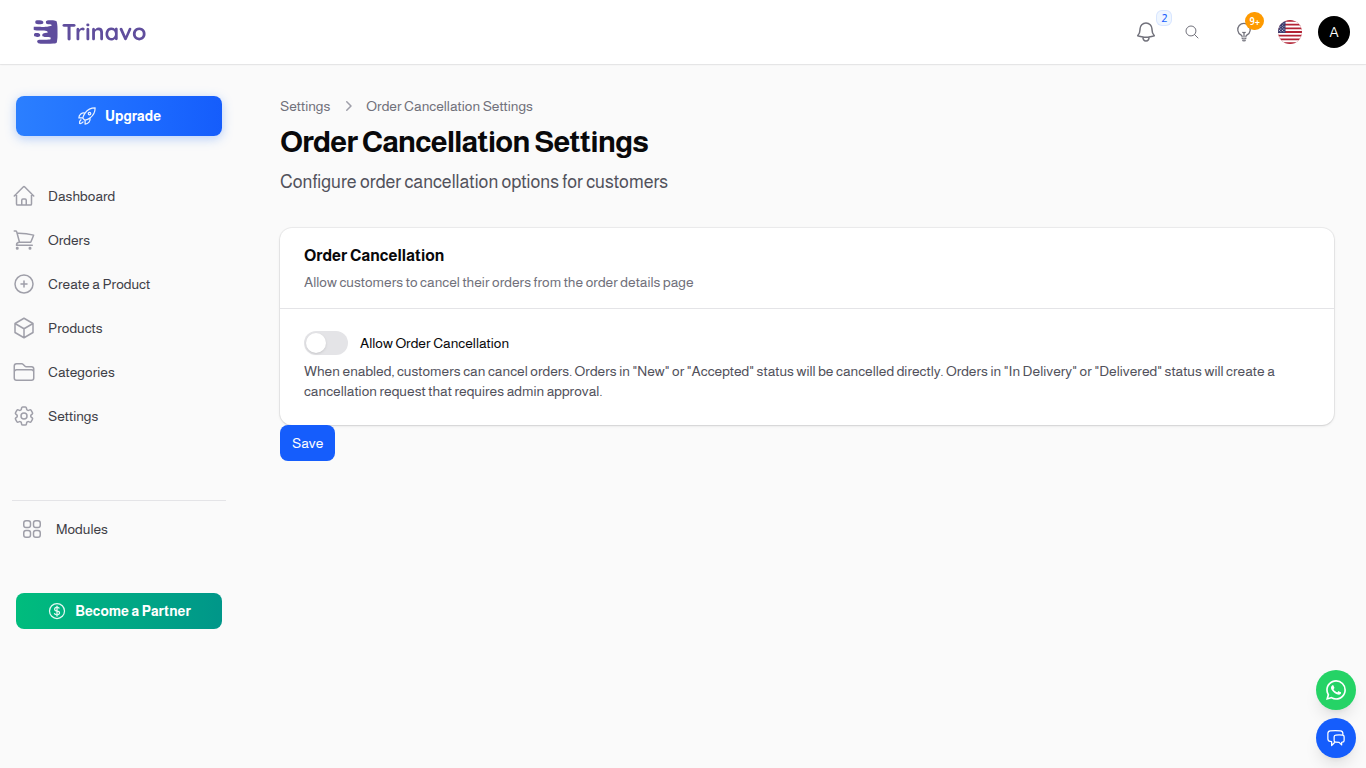 Order Cancellation Settings page