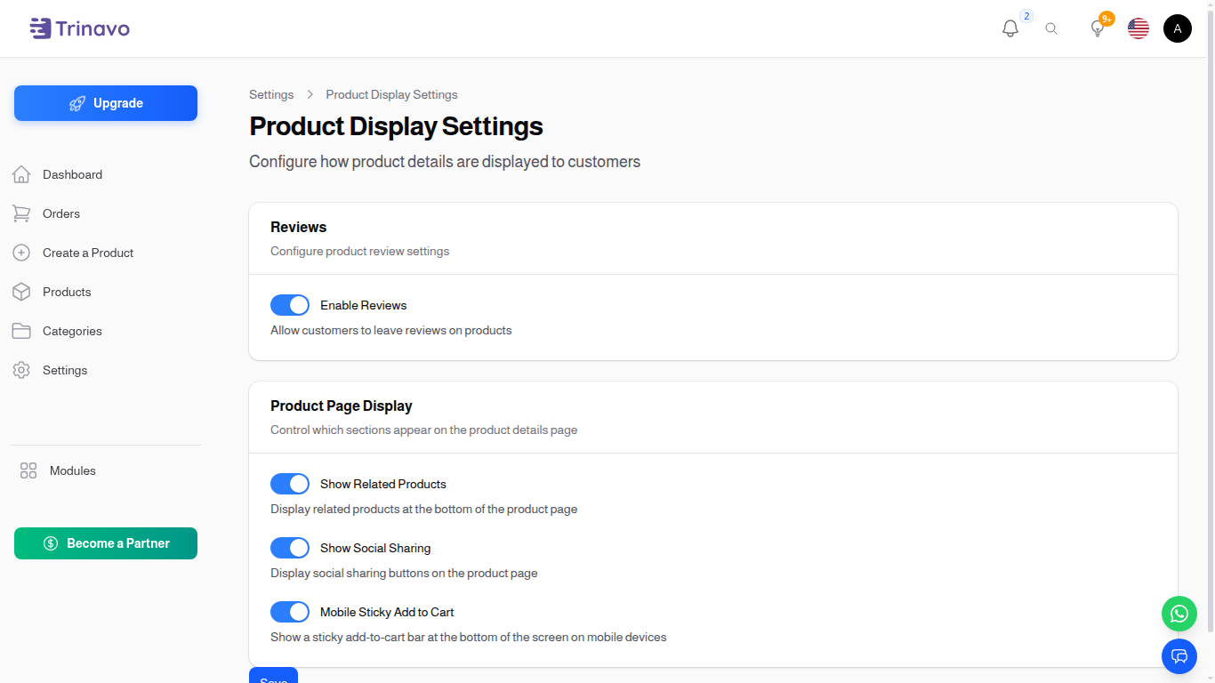 Product Display Settings page