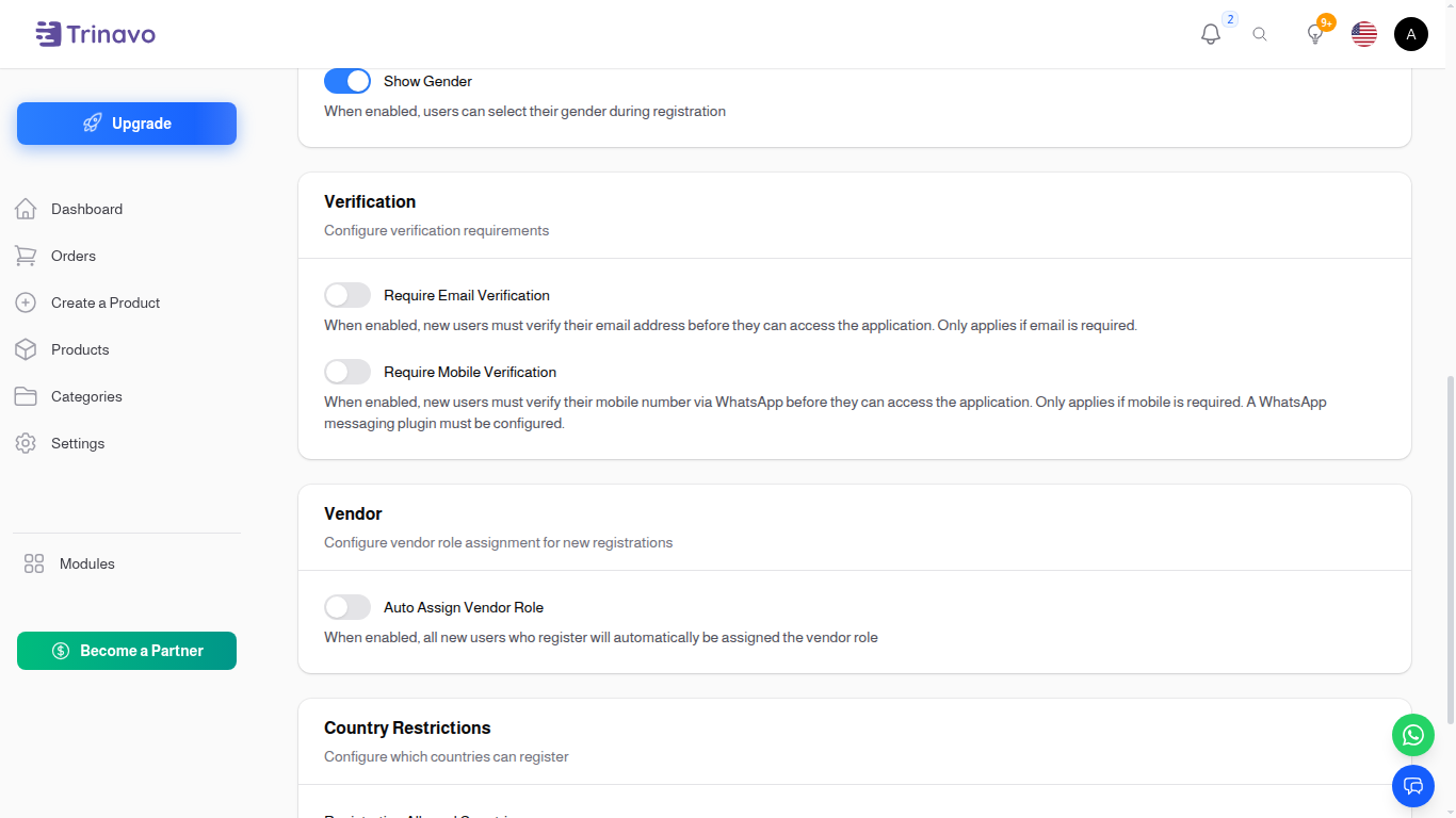 Verification, Vendor, and Country Restrictions sections of the Registration Settings