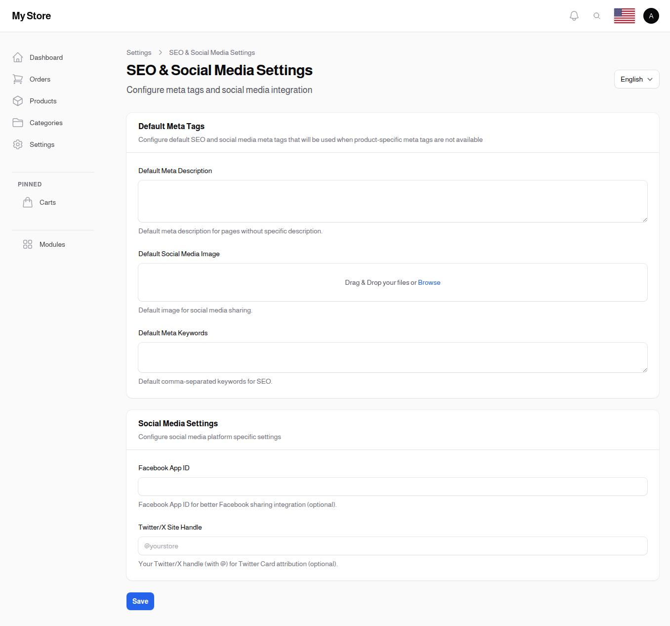 Default social image upload field — preview of the current og:image used by social platforms