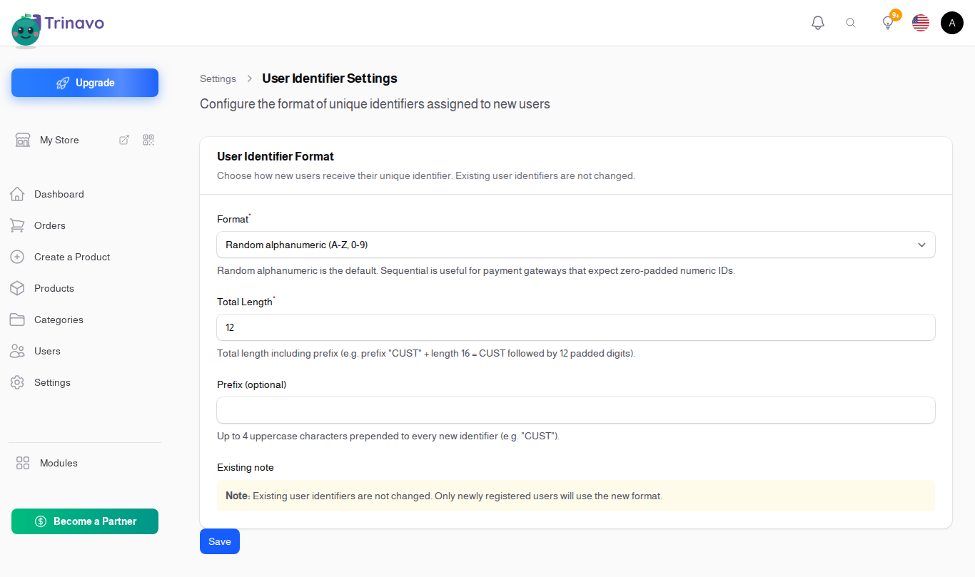 User Identifier Settings, showing format, length and prefix